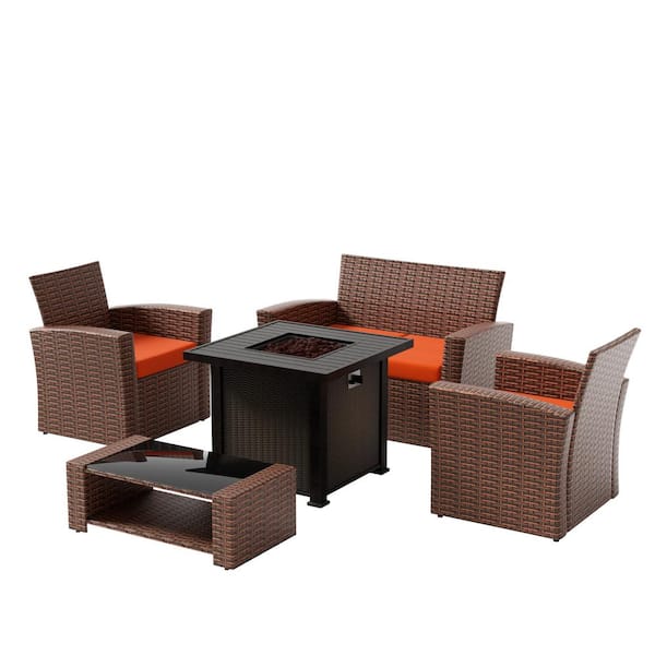 WESTIN OUTDOOR Valencia Brown 5-Piece Wicker Patio Fire Pit Conversation Set with Orange Cushions