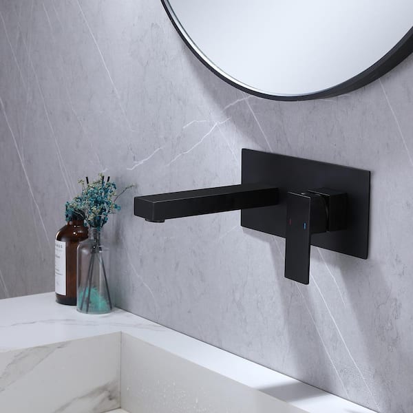 Single-Handle Wall Mount Bathroom Faucet With Deck Plate in Matte Black