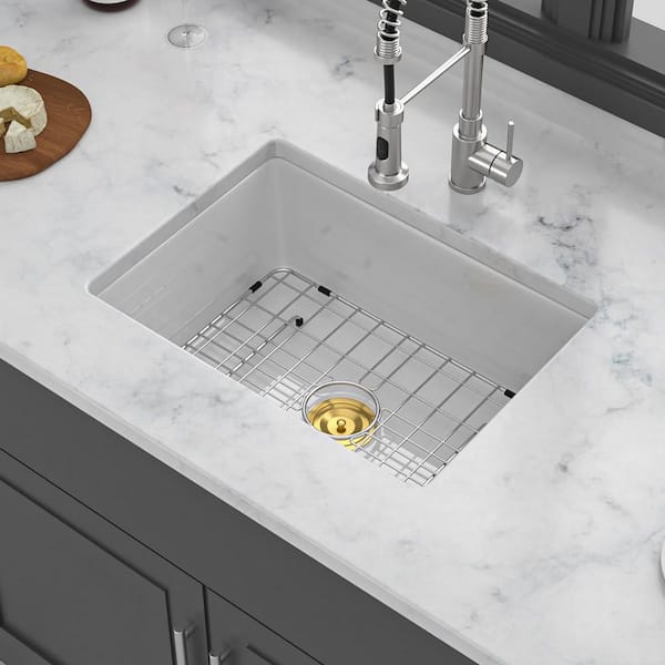 24 in. Undermount Single Bowl White Ceramic Kitchen Sink with Bottom Grids