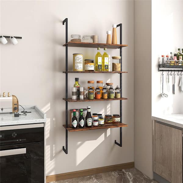 64 in. Coffee Wood 4-Shelf Ladder Bookcase Industrial Wall Shelf with Metal Frame Rustic Brown