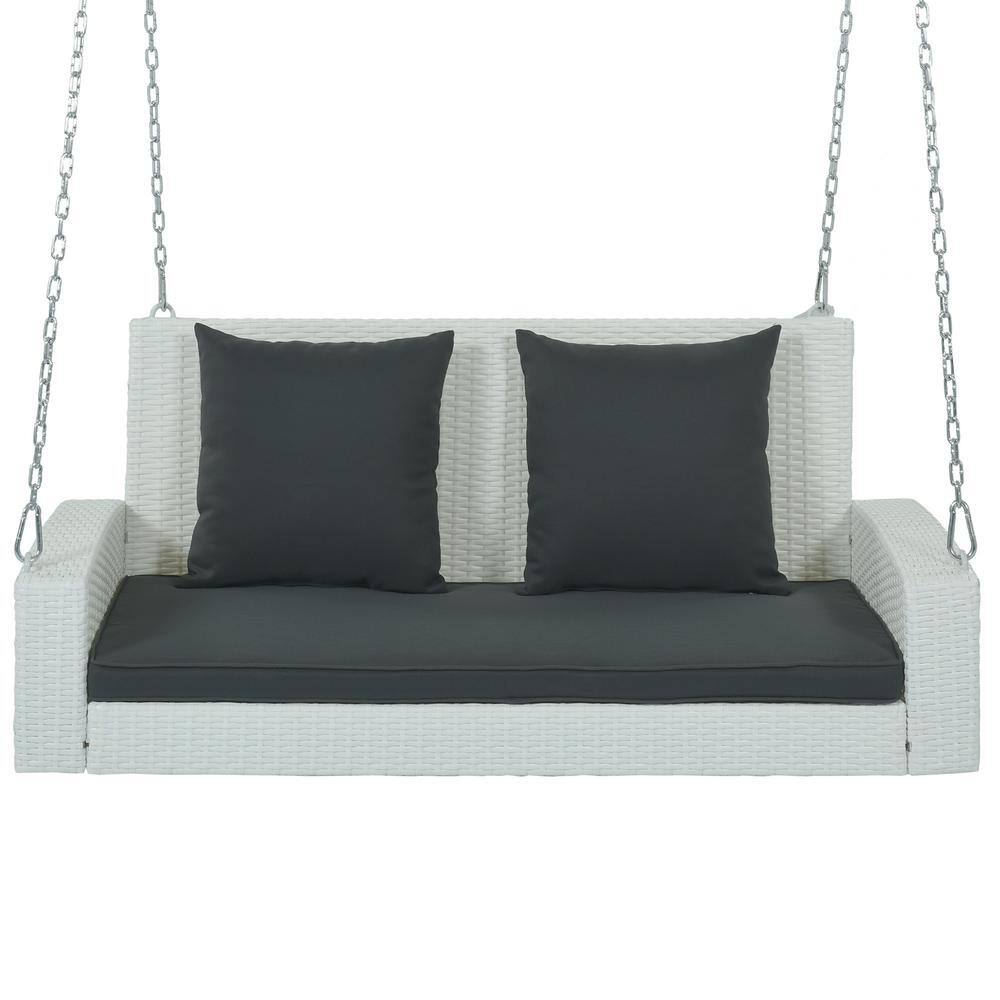 2-Person Wicker Hanging Porch Swing with Chains and Cushions, White Wicker and Black Cushion