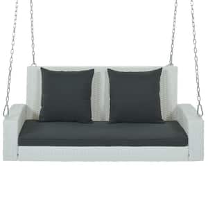 2-Person Wicker Hanging Porch Swing with Chains and Cushions, White Wicker and Black Cushion