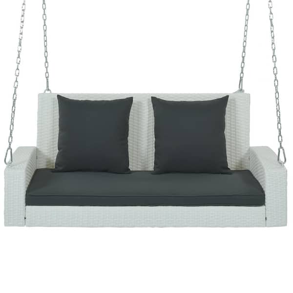 Angel Sar 2-Person Wicker Hanging Porch Swing with Chains and Cushions, White Wicker and Black Cushion
