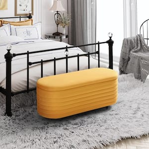 Farrah 42 in. Wide Oval Velvet Upholstered Entryway Flip Top Storage Bedroom Accent Bench in Mustard