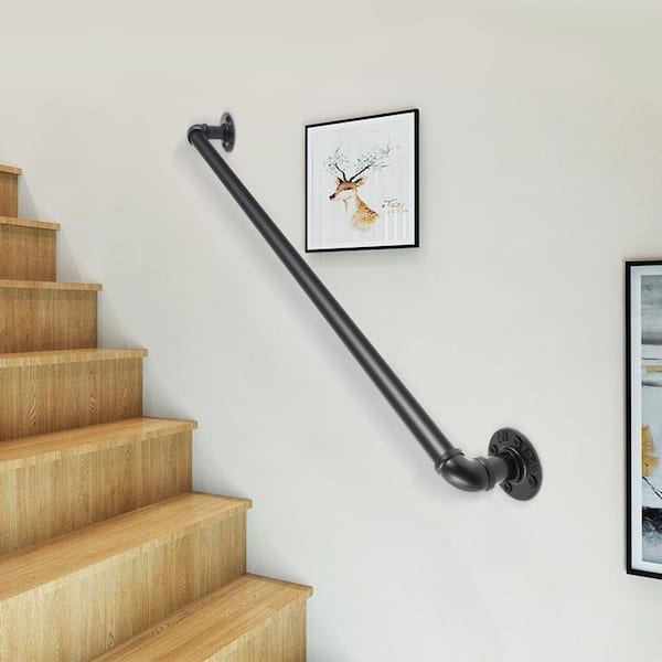 3 ft. Pipe Stair Handrail 440 lbs. Load Capacity Wall Mounted Handrail Round Corner Handrails for Outdoor Steps, Black