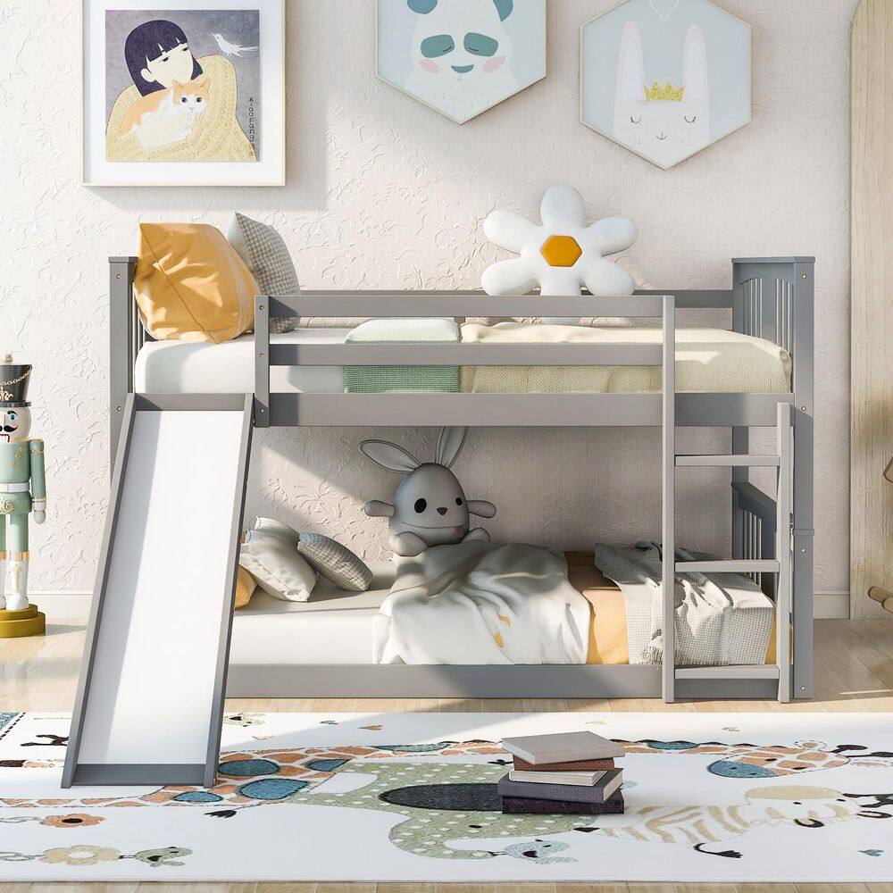 Harper & Bright Designs Gray Full Over Full Wooden Bunk Bed with Slide ...