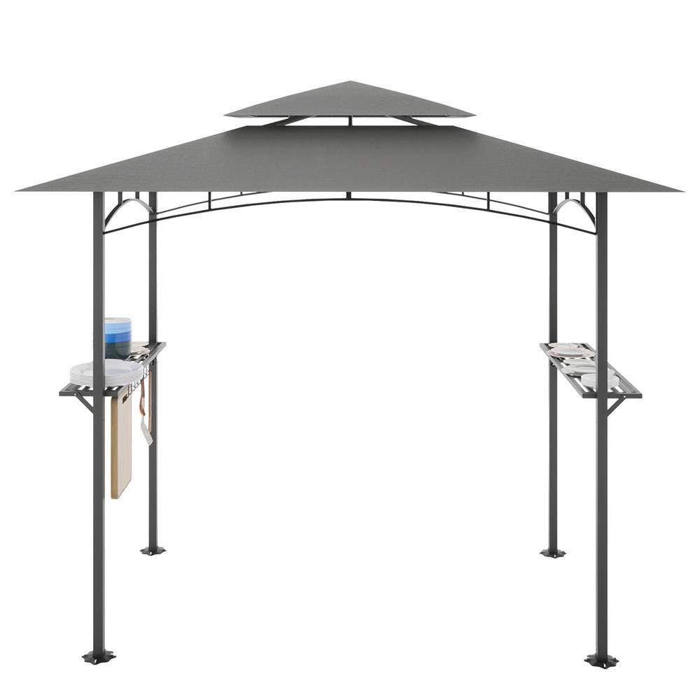 8 ft. x 5 ft. Gray Iron Double Tiered Top Outdoor Grill Gazebo with Bar Cou