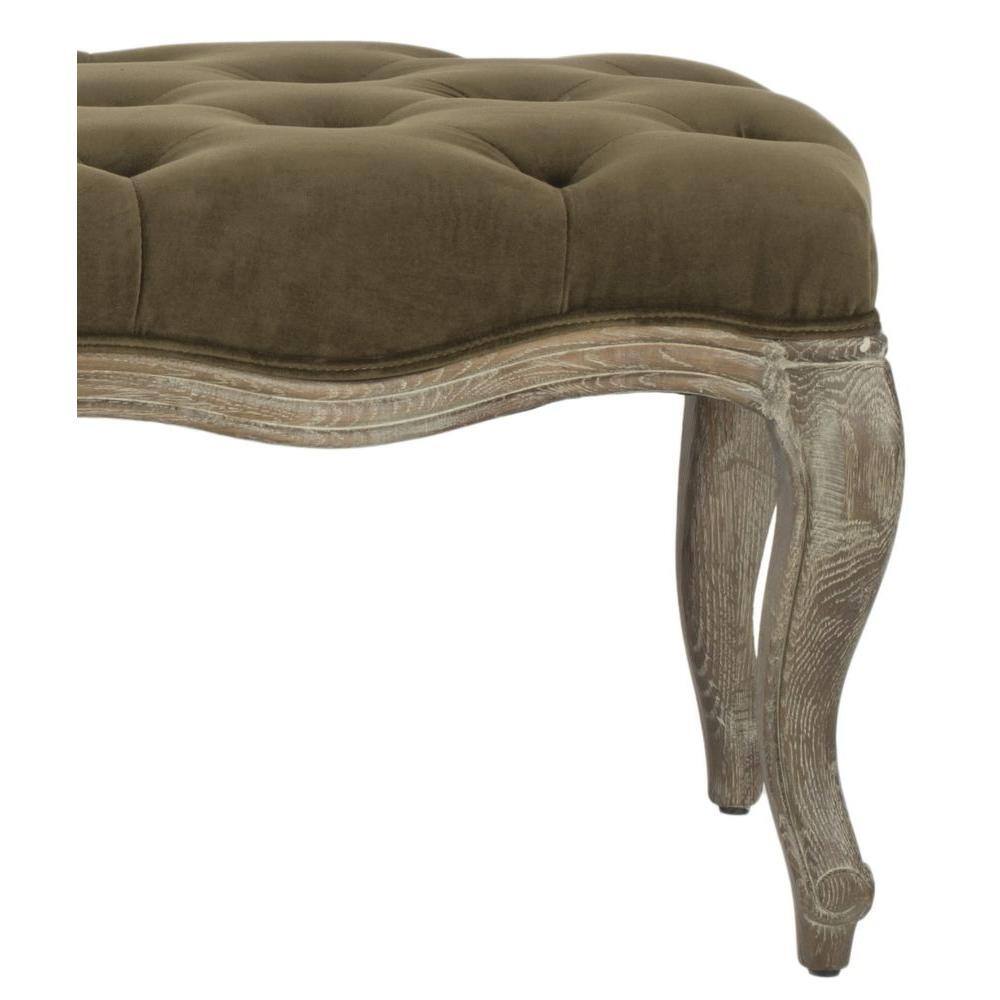 Transitional Spruce Green Velour 52" Ramsey Bench with Carved Oak Frame