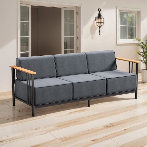 Arcadia Black Metal Outdoor 3-Seat Couch with 10 in. Thick Drak Gray Box-Edge Cushions