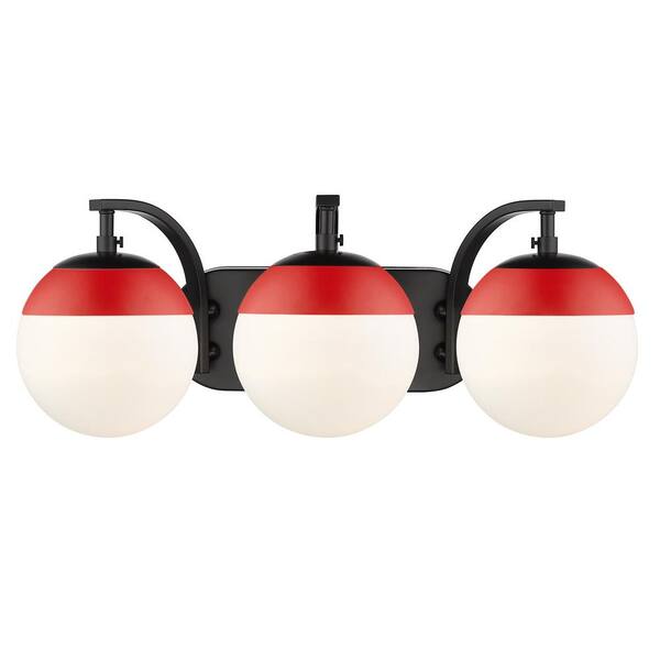 Golden Lighting Dixon 12 in. 3-Light Black with Opal Glass and Red Cap Bath Vanity Light