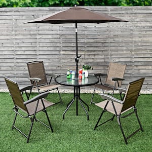Black Folding Armrest Adjustable Back Metal Outdoor Dining Chair in Brown (Set of 4)