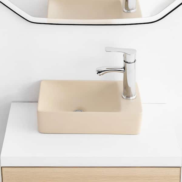 Felix 15 in. W x 8 in. D Modern Wall Mounted Rectangular Ceramic Mini Sink, Right-Side Faucet, Matte Beige
