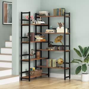 Eulas 70.8 in. Rustic Brown 8 shelf Industrial L-Shaped Corner Bookcase with Open Back for Home Office