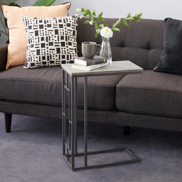 Litton Lane 10 in. Gray C-Shaped Large Rectangle Wood End Table with Black Metal Base