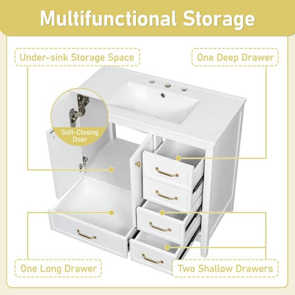 Ziyudura 36 in. Single Sink Freestanding White Bath Vanity with