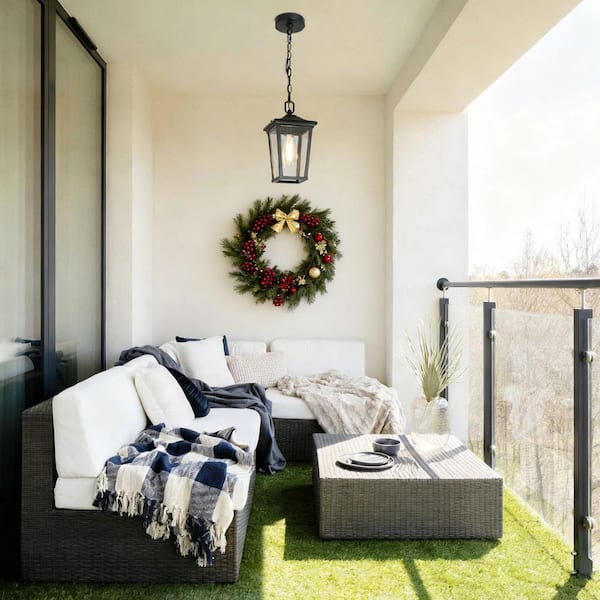 12.5 in. Modern Black Outdoor Small Pendant 1-Light Coastal Clear Glass Hanging Lantern for Covered Gazebo Front Door