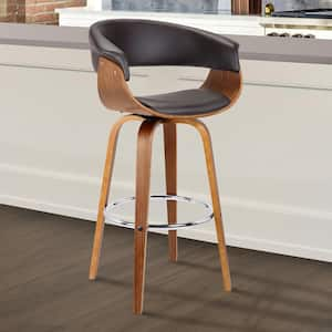 Julyssa 30 in. Brown Faux Leather with Walnut Wood Mid-Century Swivel Bar Height Bar Stool