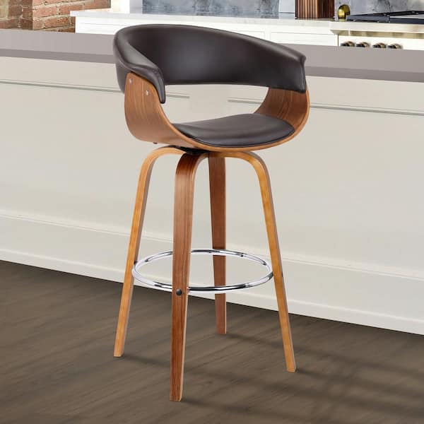 Armen Living Julyssa 30 in. Brown Faux Leather with Walnut Wood Mid-Century Swivel Bar Height Bar Stool
