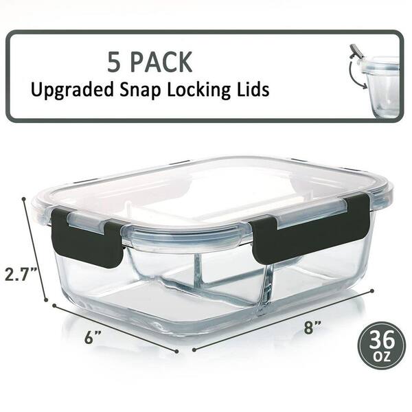 Lynzavix Borosilicate Glass Meal Prep Containers 3 Compartment with Lids  Airtight Leakproof Stackable 5-Pack 36 oz. 29D376PH033 - The Home Depot