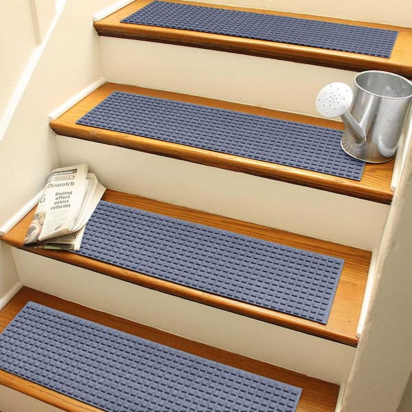 Waterhog Squares 8.5 in. x 30 in. PET Polyester Indoor Outdoor Stair Tread Cover (Set of 4) Bluestone
