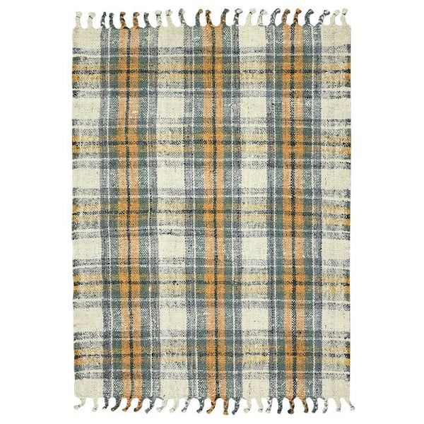 5' X 7' Orange Green And Ivory Jute Plaid Hand Woven Area Rug With Fringe