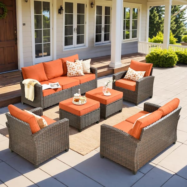 Caodoc Serena Grey 6-Piece Outdoor Wicker Patio Conversation Sofa Set with Comfortable Ottomans and Orange Red Cushions