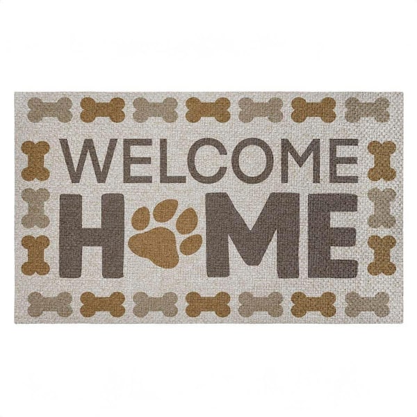 Welcome with Dog Bones Brown 18 in. x 30 in. Polyester Non-Slip Outdoor Door Mat