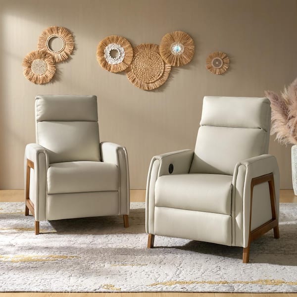 JAYDEN CREATION Casica Beige 29" Genuine Leather Power Recliner with USB and Type-C Ports(Set of 2)