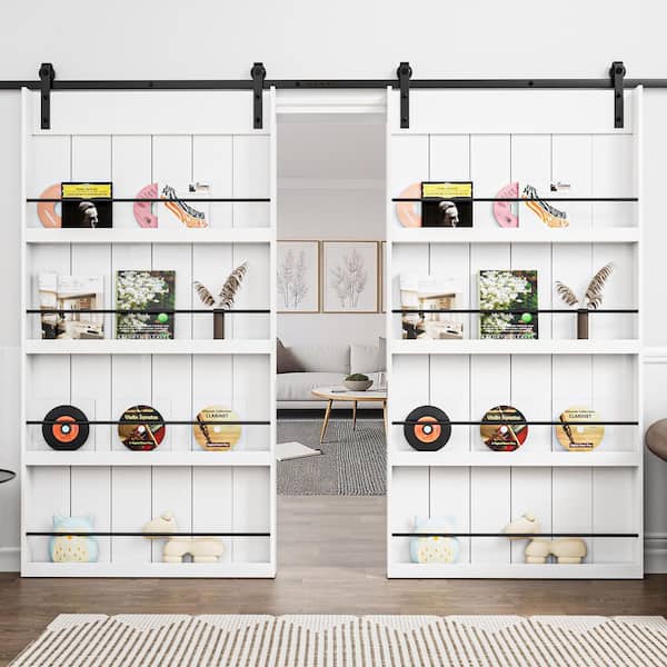 84 in. x 84 in. White Primed Composite MDF Shelves Sliding Barn Door with Hardware Kit and Soft Close