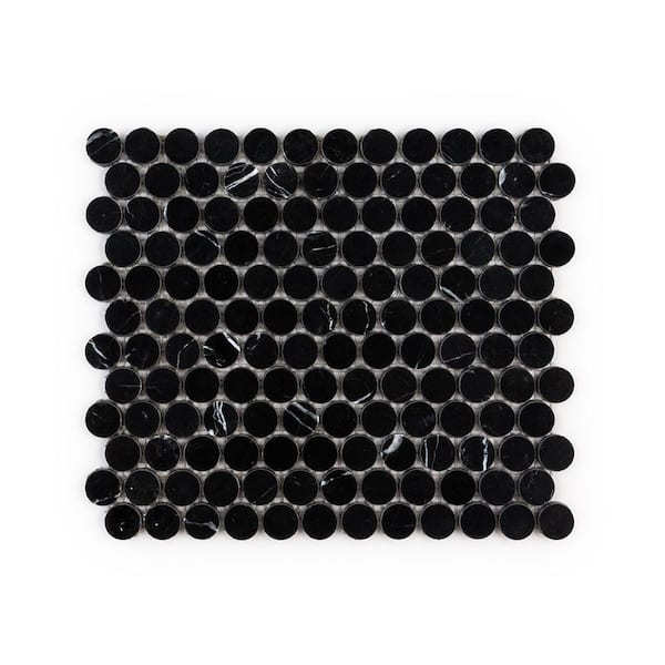 Curio Nero Marquina Black 11 in. x 12.75 in. Penny Polished Marble Wall and Floor Mosaic Tile (9.73 sq. ft. /Case)