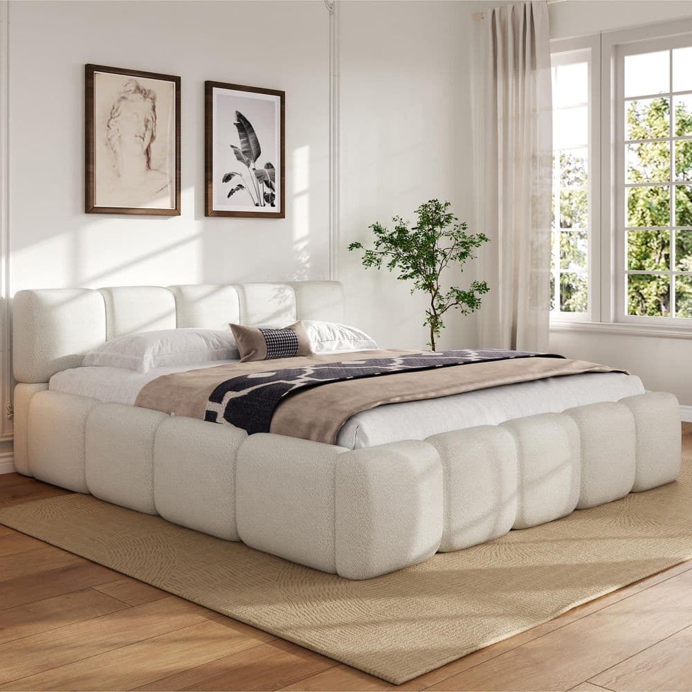 White Wood Frame King Size Upholstered Platform Bed with Boucle Thick Headboard and Footboard, Block Style