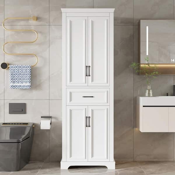 Modern 70.8" White Freestanding Bathroom Linen Cabinet with Adjustable Shelves,4 Doors & 1 Drawer