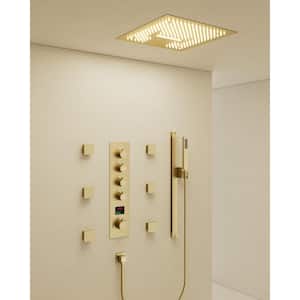 Thermostatic 15-Spray 16 in. Ceiling Mount Square High Pressure LED Shower Head with Valve in Brushed Gold