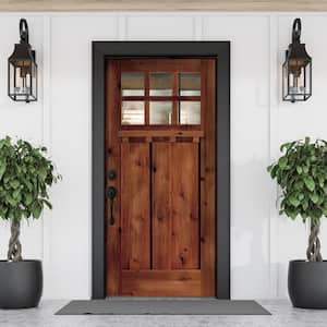 36 in. x 80 in. Craftsman Alder Clear 6-Lite Red Chestnut Stain Wood/Dentil Shelf Right Hand Single Prehung Front Door