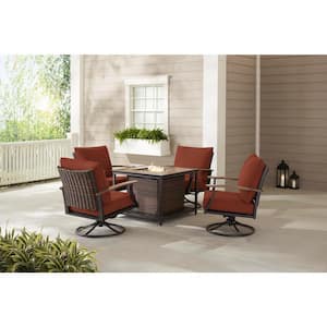 Fiddler's Creek 5-Piece Brown Metal Outdoor Patio Fire Pit Seating Set with CushionGuard Quarry Red Cushions