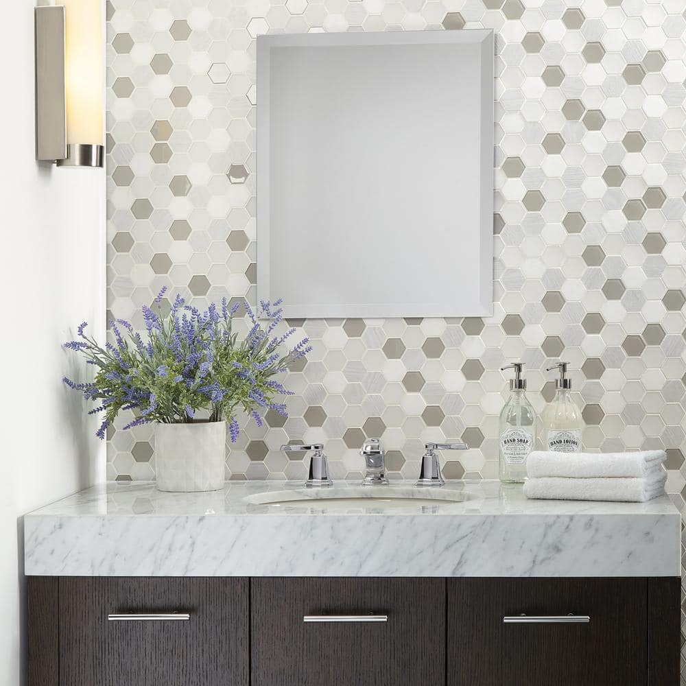 11" x 11" Frost Glass and Marble Honeycomb Mosaic Tile