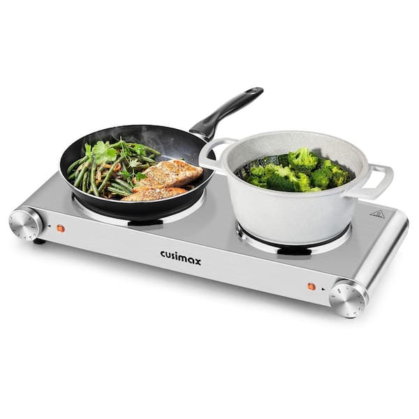 JEREMY CASS Double Cast Iron Burner 7.4 in. and 6.1 in. Stainless Steel Hot Plate in Sliver with 7-Gear Temperature Controls