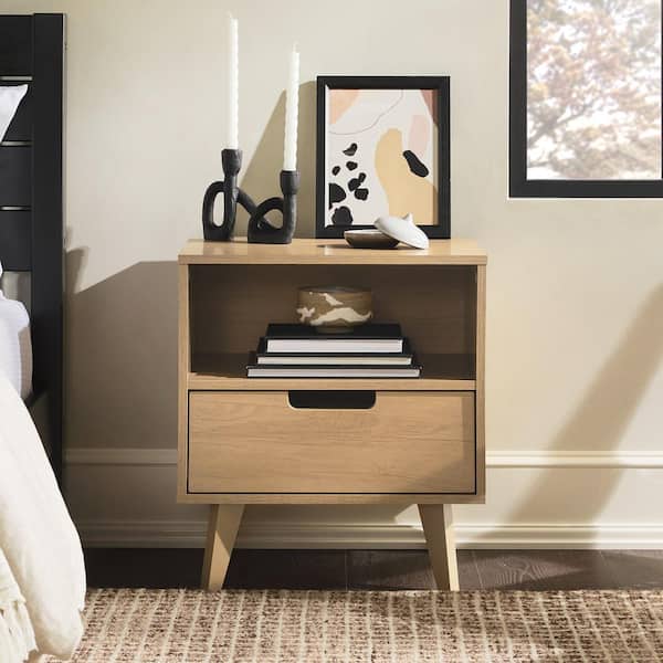 Welwick Designs 1-Drawer Riviera Wood Mid-Century Modern Nightstand with Cubby