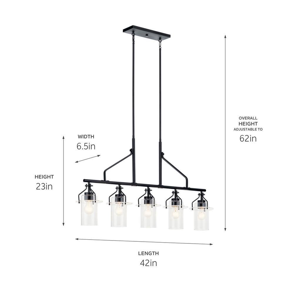 Everett 42 Inch Black and Clear Glass 5-Light Linear Chandelier