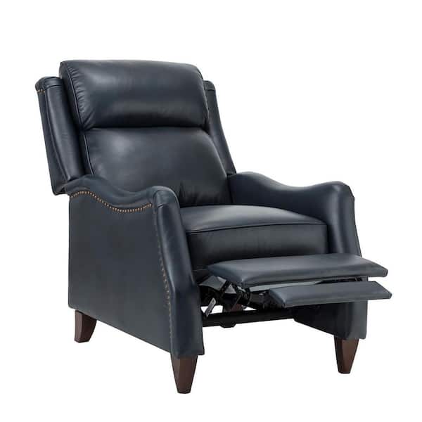 JAYDEN CREATION Heinrich Navy Genuine Leather Recliner with Solid Wood Legs