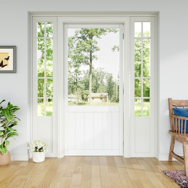 36 in. x 80 in. Universal Primed White Paneled Railing Style Pine Wood and Gauze Mesh Hinged Screen Door for Front Door