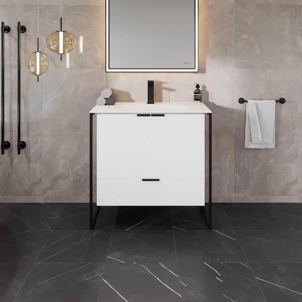 Onyx 34 in. Single Sink Floating White Bath Vanity with White Solid Surface Top (Assembled)