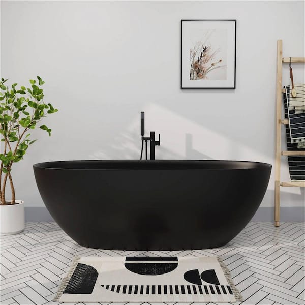 65 in. x 29.52 in. Solid Surface Freestanding Oval Soaking Bathtub with Reversible Drain in Matte Black