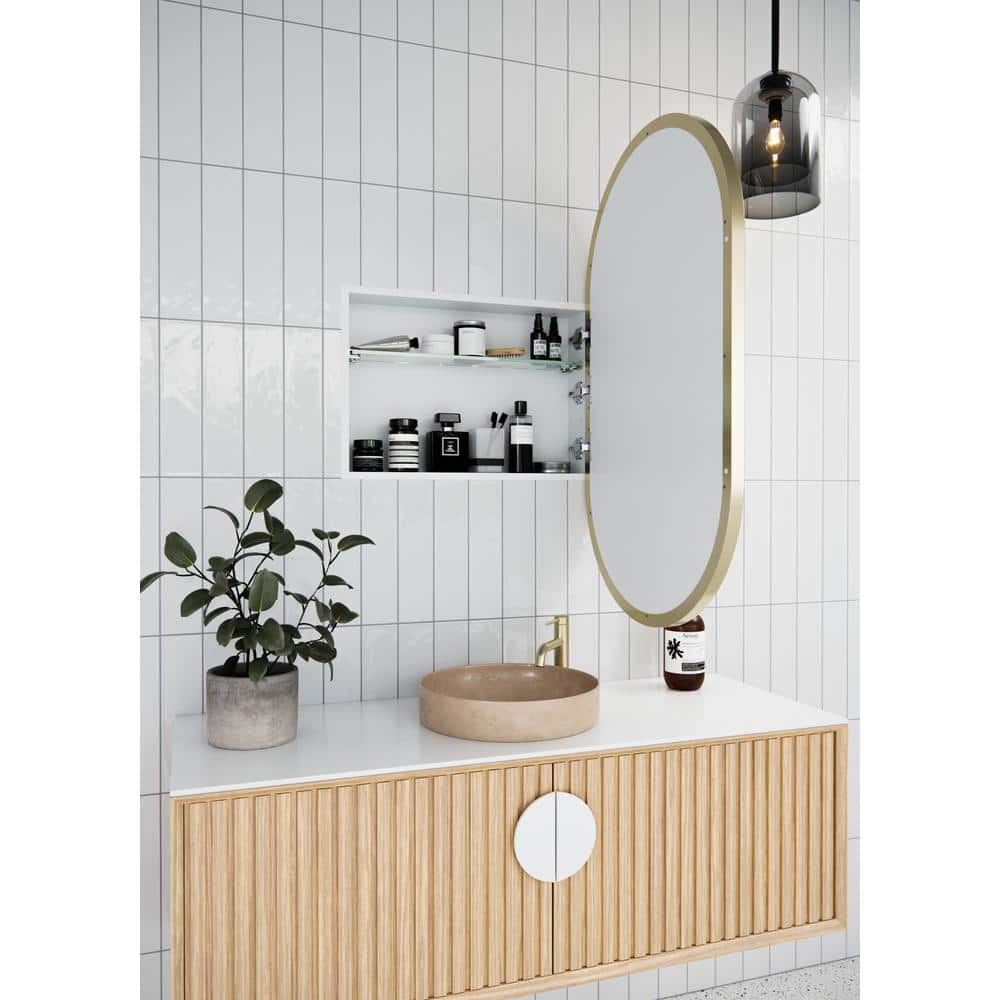 Satin Brass Oval Recessed Medicine Cabinet with Mirror