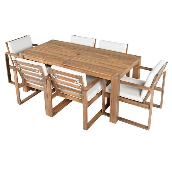 7-Piece Light Teak Wood Outdoor Dining Set with an Umbrella Hole and Removable Beige Cushions
