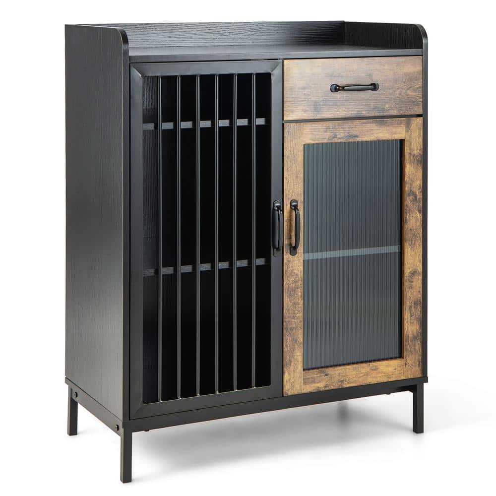 Costway Brown and Black Wood 31.5 in. Kitchen Sideboard Buffet Bar ...
