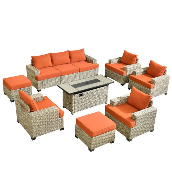 Taylor 10-Piece Wicker Patio Rectangular Fire Pit Set with Orange Red Cushions