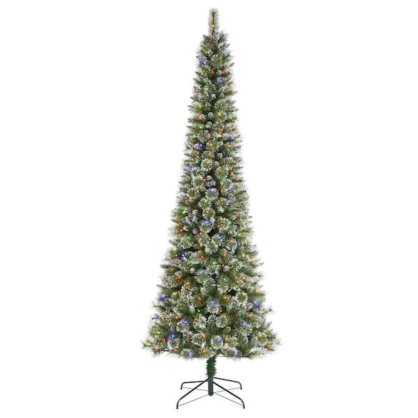 9 ft. Pre-Lit Frosted Cashmere Pencil Pine Artificial Christmas Tree with 350 Warm White/Multi-color C3 Clear LED Lights