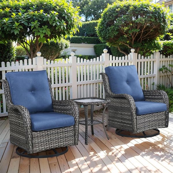 Pocassy Gray 3-Piece Wicker Patio Conversation Deep Seating Set with Blue Cushions All-Weather Swivel Rocking Chairs