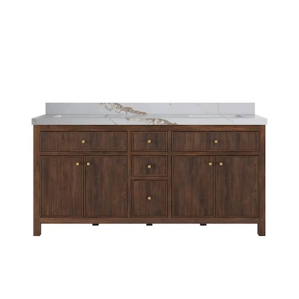Willow Collections Sonoma Teak 72 in. Double Sink Freestanding Dark Walnut Bath Vanity with Calcutta Gold Quartz Top Unassembled
